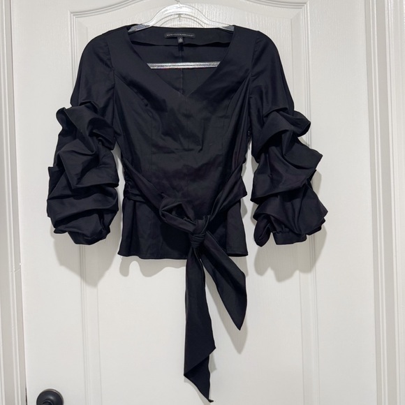 WHBM Ruffle Sleeve Black Blouse Waist Tie Size 2 - Picture 3 of 10